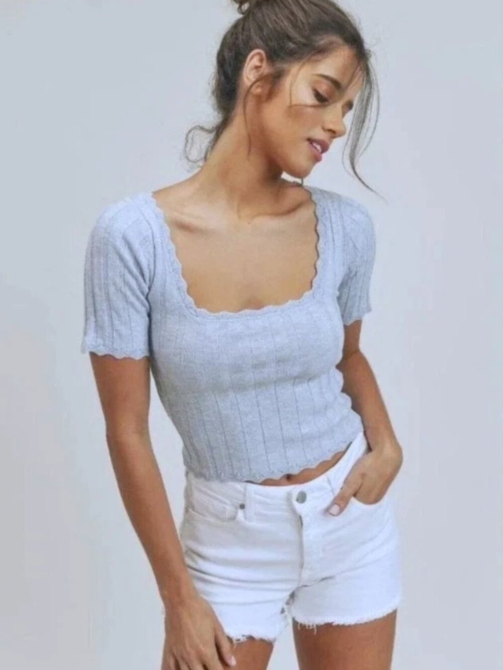 Bohme Women's Short Sleeve Blue Knit Crop Top-Size M